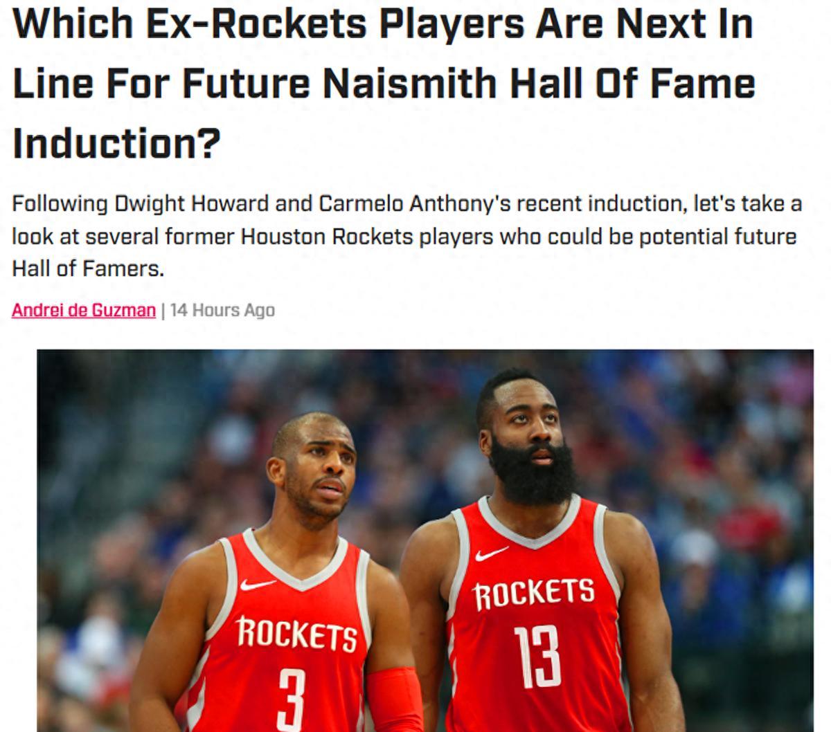 登炮组合领跑！安东尼魔兽后，美媒预测火箭队5大旧将入选名人堂